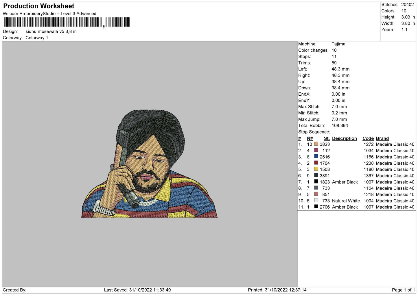 Sidhu Moosewala V5 Embroidery File 6 sizes