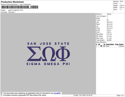 Sigma Omega Phi Embroidery File 4 size