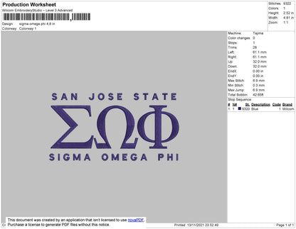Sigma Omega Phi Embroidery File 4 size