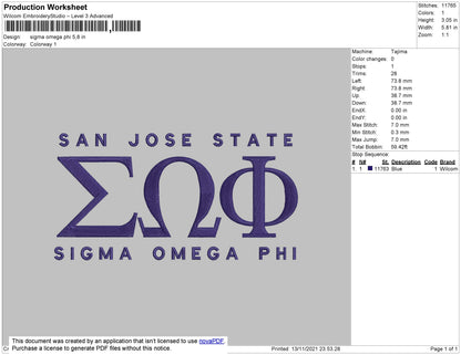 Sigma Omega Phi Embroidery File 4 size