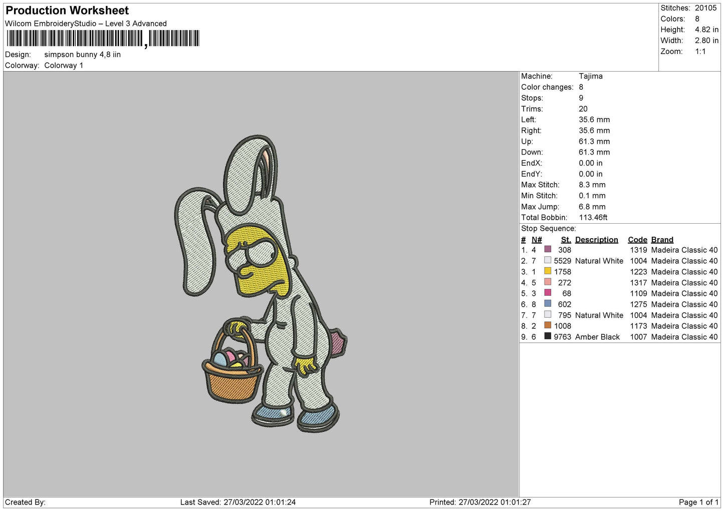 Simpson Bunny Embroidery File 4 size