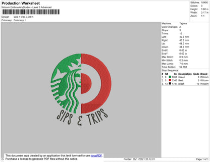Sips N Trips Embroidery File 4 size