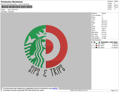 Sips N Trips Embroidery File 4 size