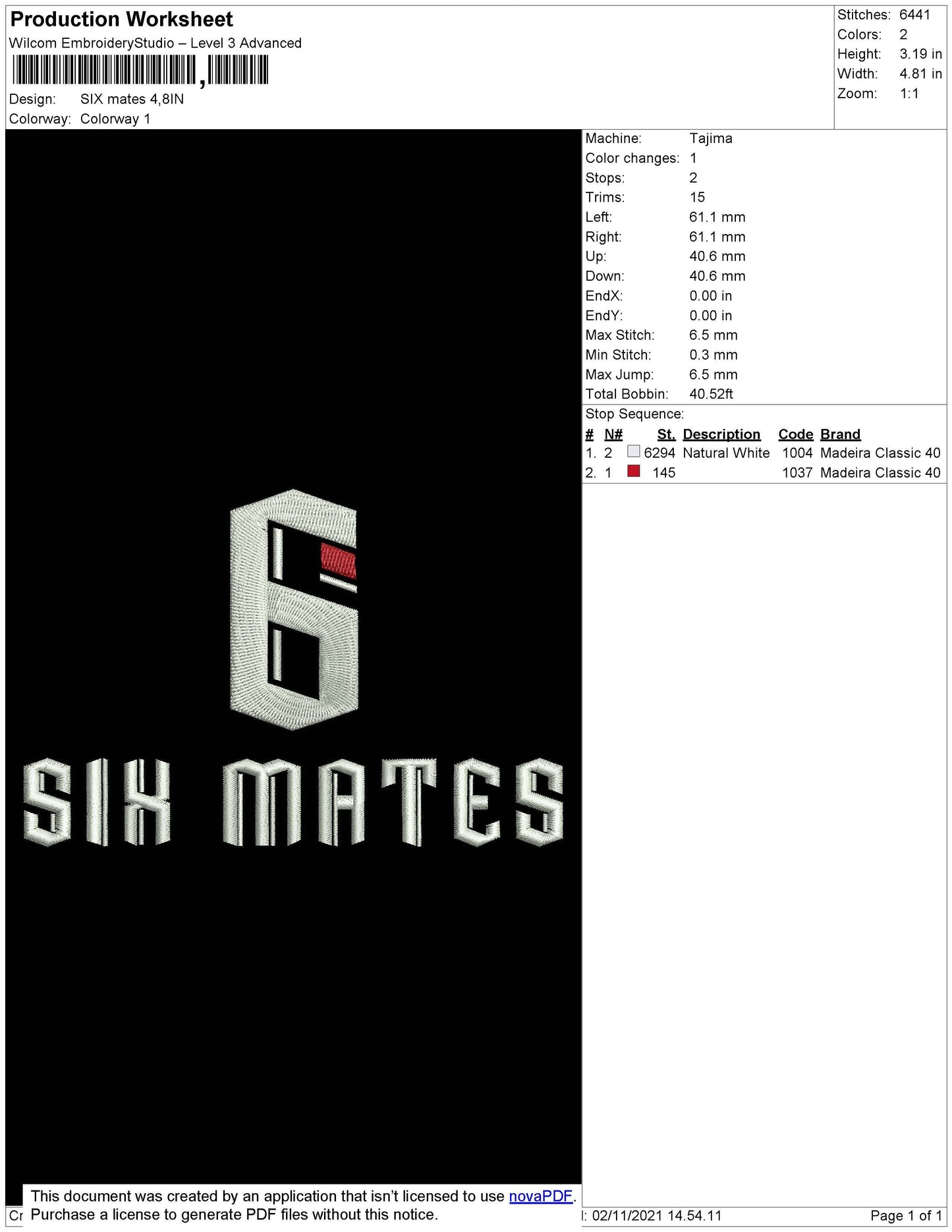 Six Mates Embroidery File 4 size