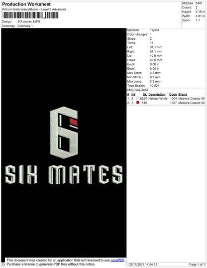 Six Mates Embroidery File 4 size