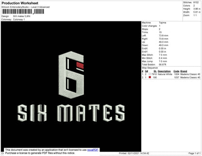 Six Mates Embroidery File 4 size