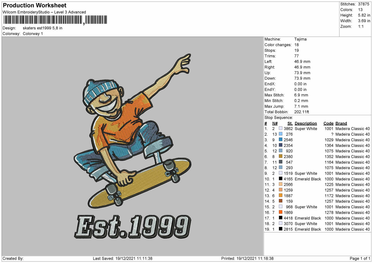 Skaters Est 1999 Embroidery File 4 size
