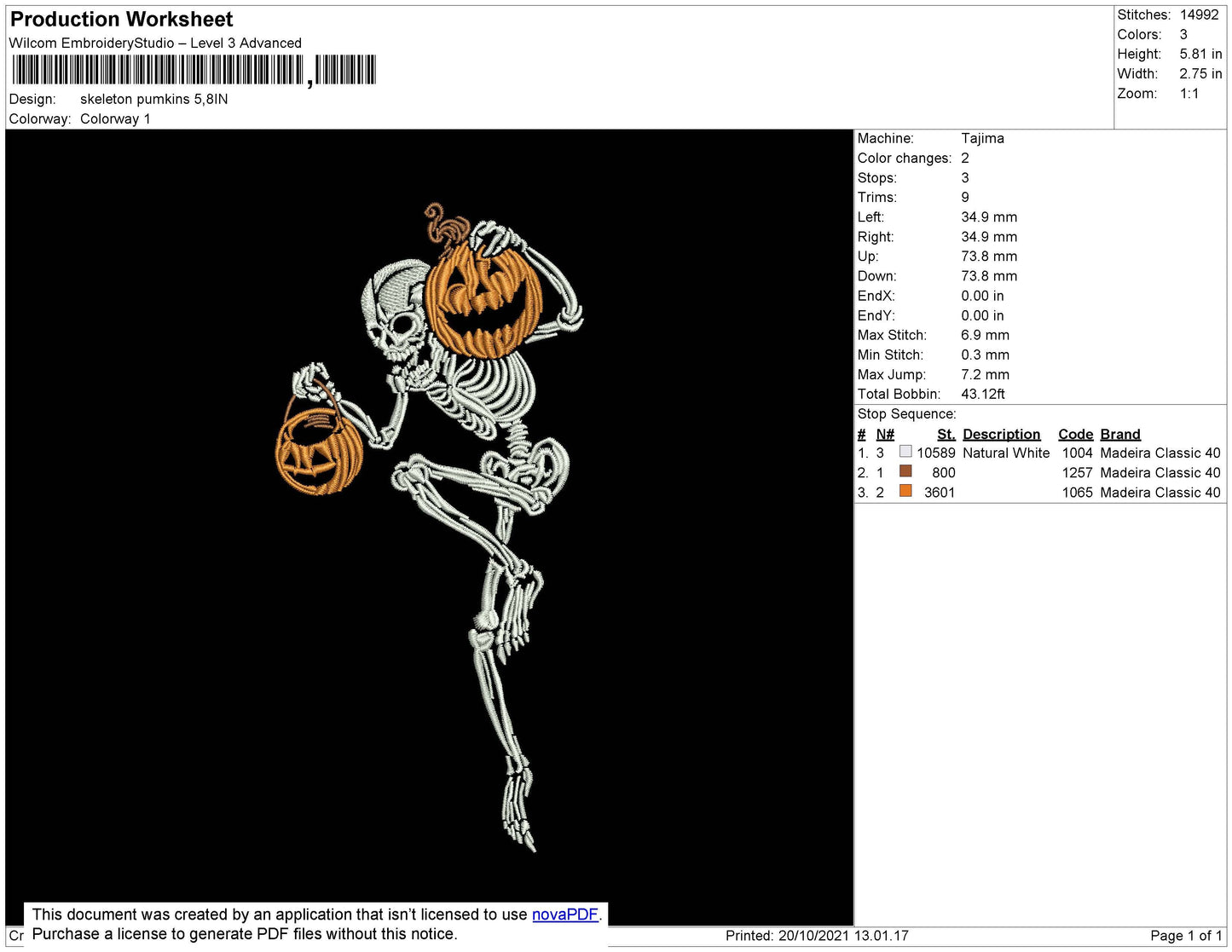 Skeleton Pumpkin Embroidery File 4 size