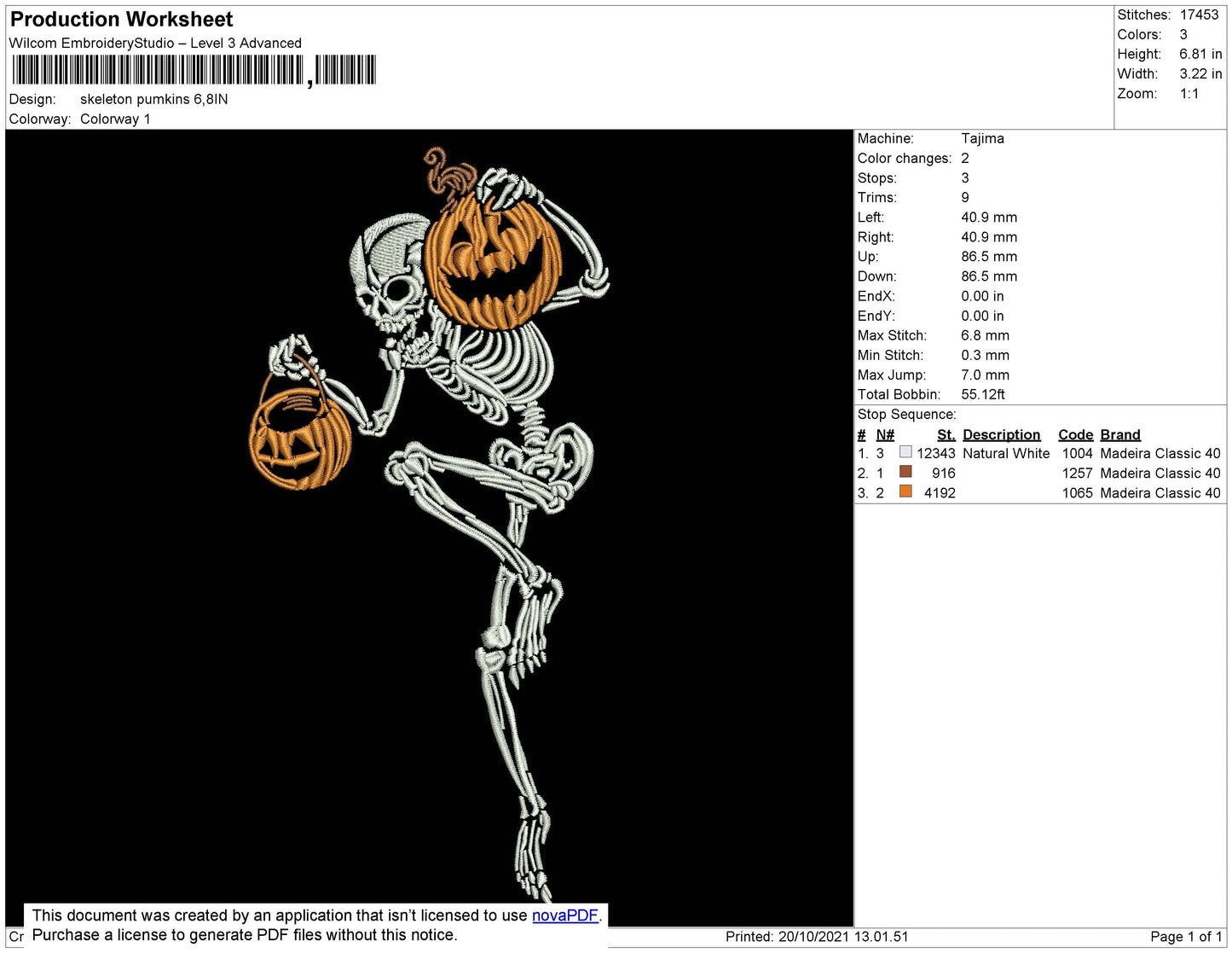 Skeleton Pumpkin Embroidery File 4 size