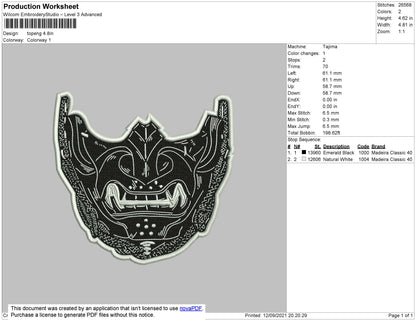 Skull Mask Embroidery File 4 size