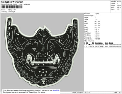 Skull Mask Embroidery File 4 size