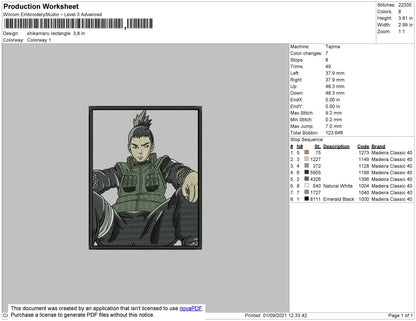 Shikamaru Rectangle Embroidery File 4 size