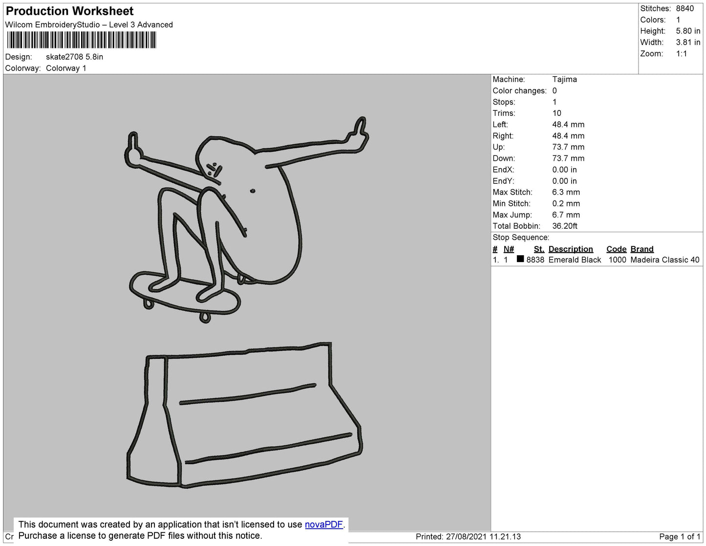 Skate2708 Embroidery File 4 size