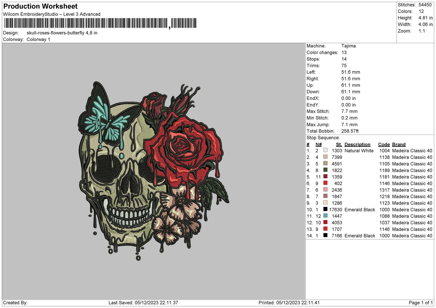 Skull Roses Embroidery File 6 sizes