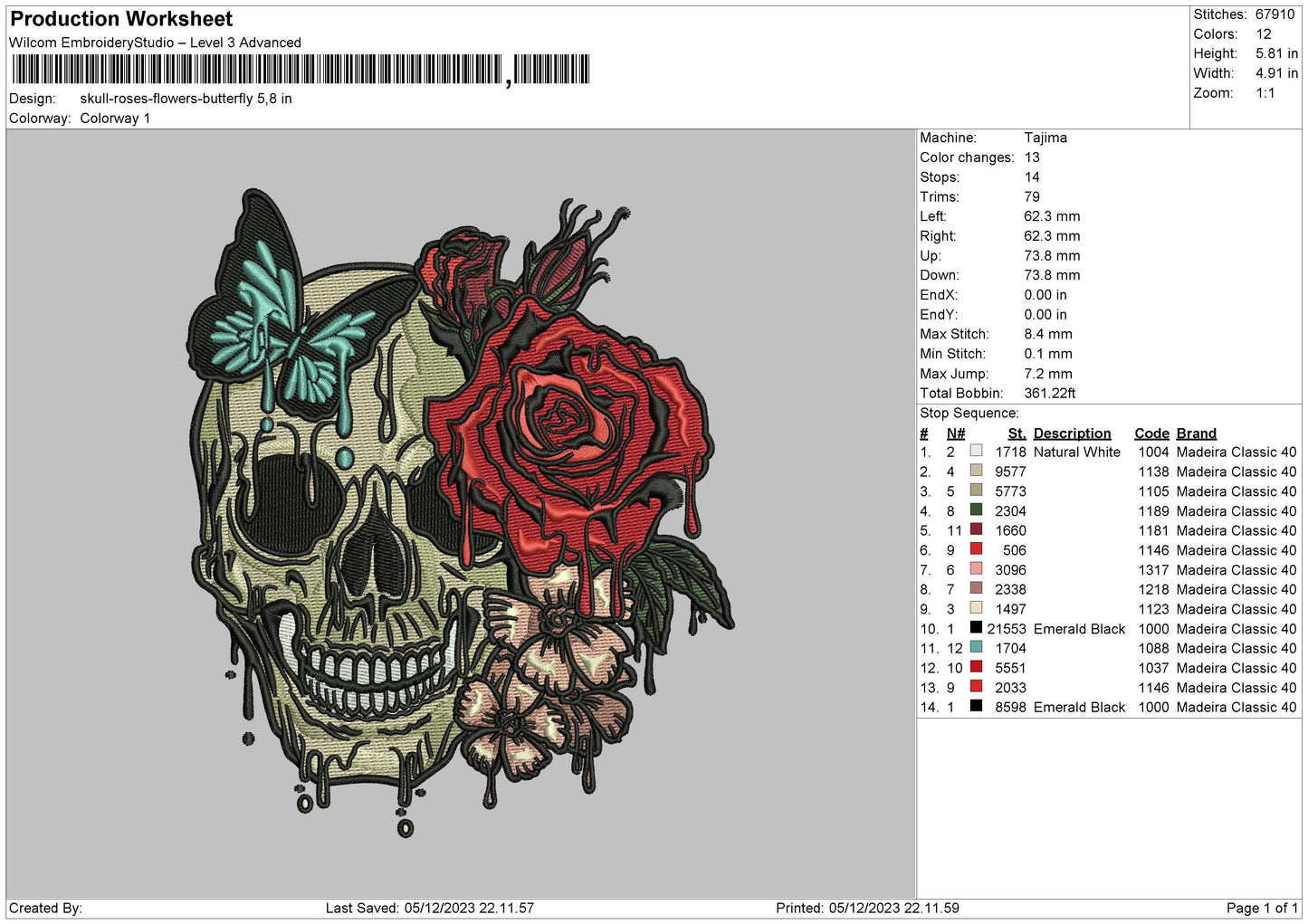 Skull Roses Embroidery File 6 sizes