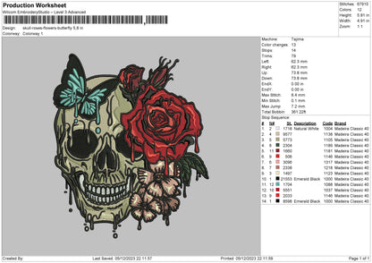 Skull Roses Embroidery File 6 sizes