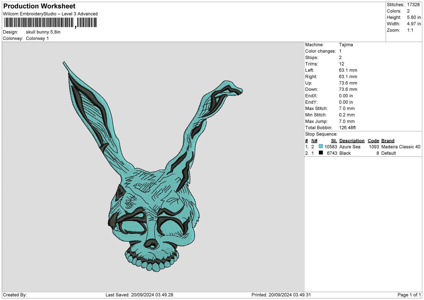 Skullbunny 03 Embroidery File 6 sizes