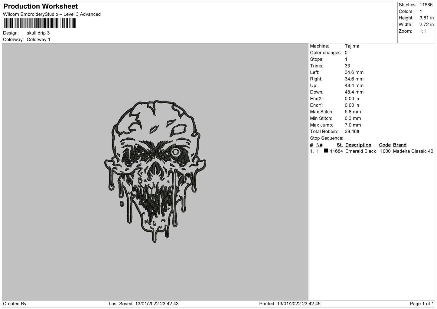 Skull Drip Embroidery File 5 size