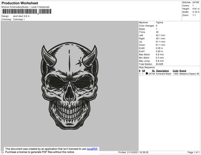 Skull Devil Embroidery File 4 size