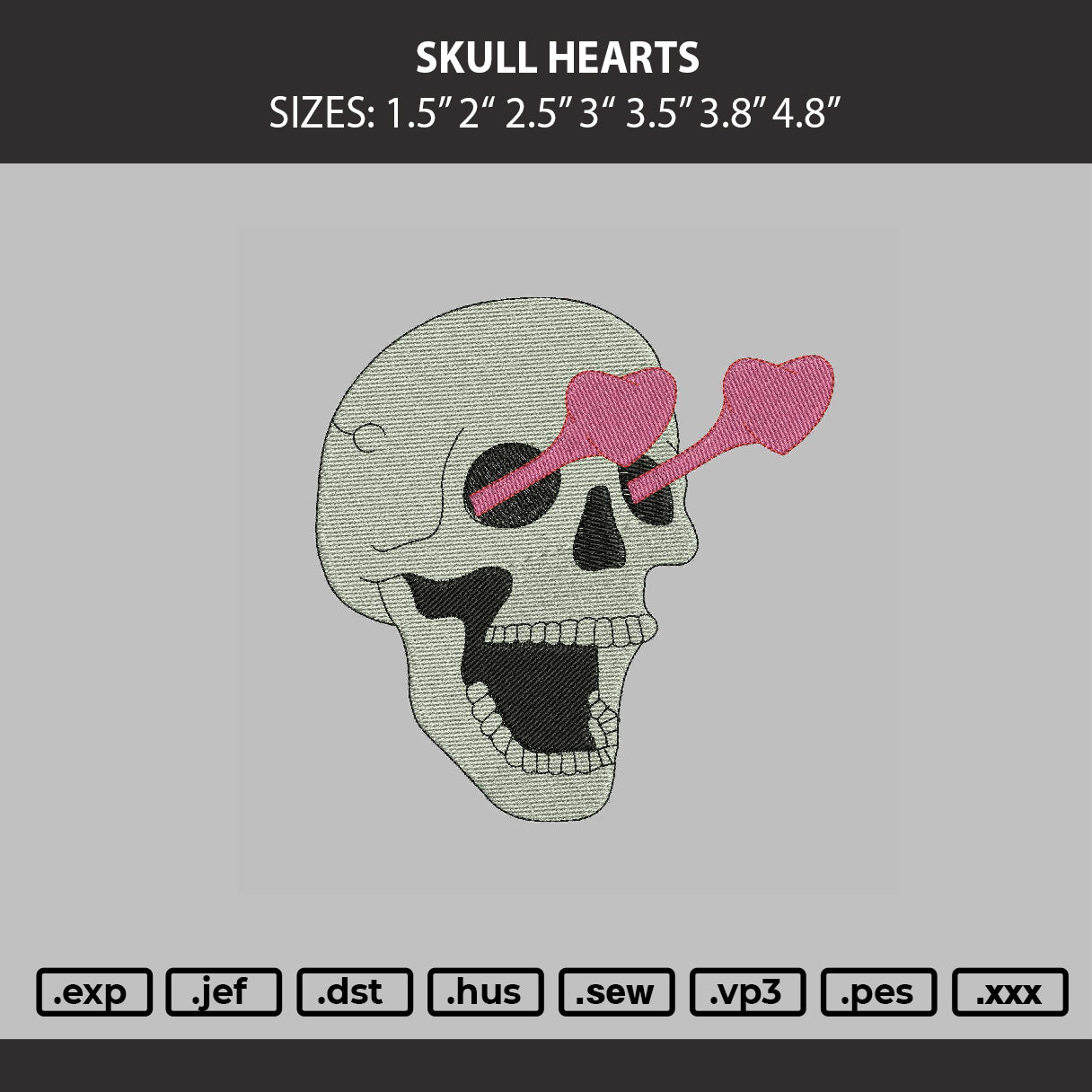 Skull Hearts Embroidery Machine Design File 6 sizes