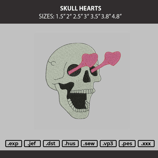 Skull Hearts Embroidery Machine Design File 6 sizes