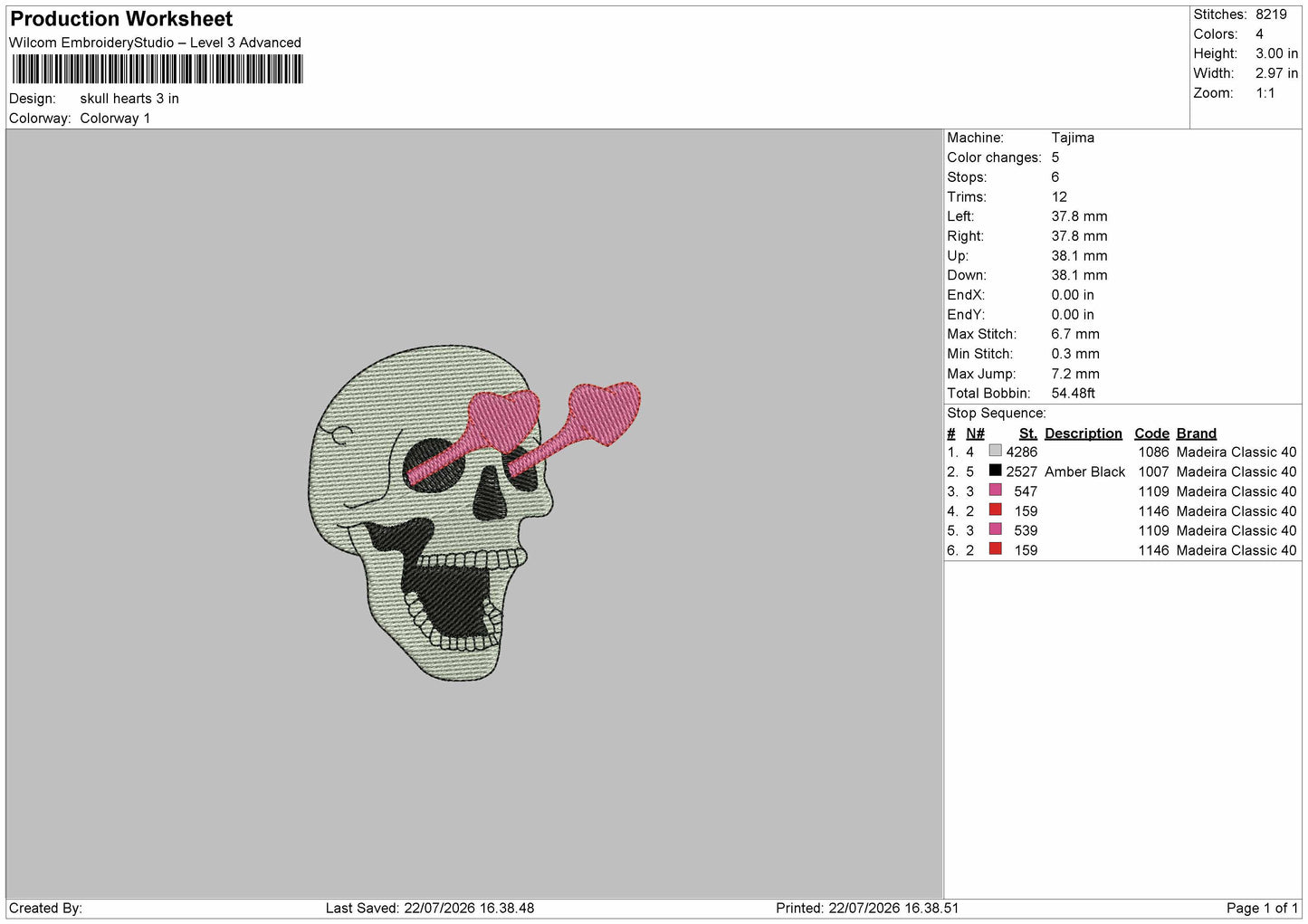 Skull Hearts Embroidery Machine Design File 6 sizes
