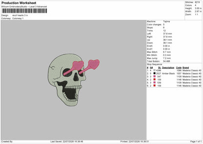 Skull Hearts Embroidery Machine Design File 6 sizes