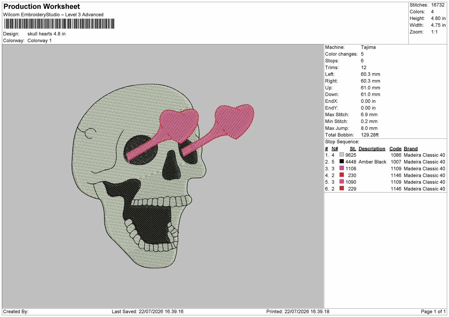 Skull Hearts Embroidery Machine Design File 6 sizes