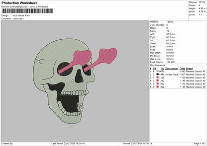 Skull Hearts Embroidery Machine Design File 6 sizes