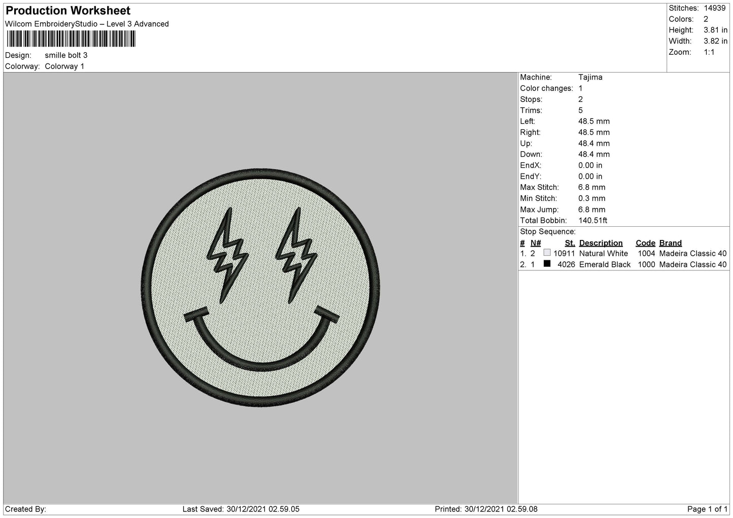 Smile Bolt Embroidery File 4 size