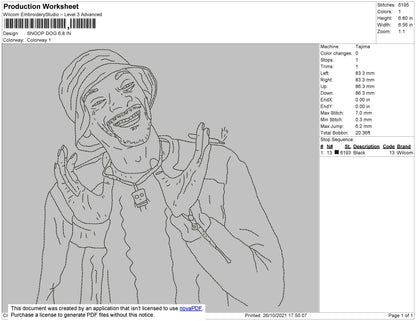 Snoop Dog Embroidery File 4 size