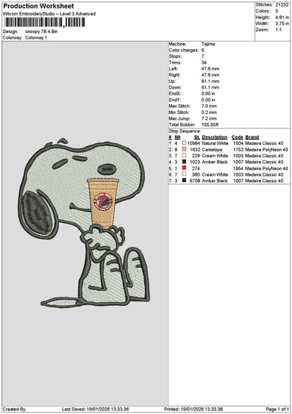 Snoopy Coffee 1901 Embroidery File 6 sizes