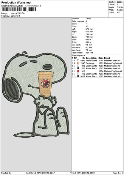 Snoopy Coffee 1901 Embroidery File 6 sizes
