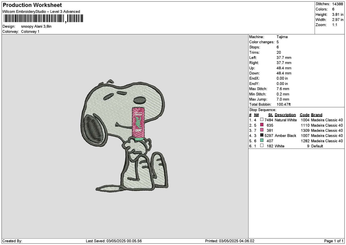 Snoopy Alani Embroidery File 6 sizes