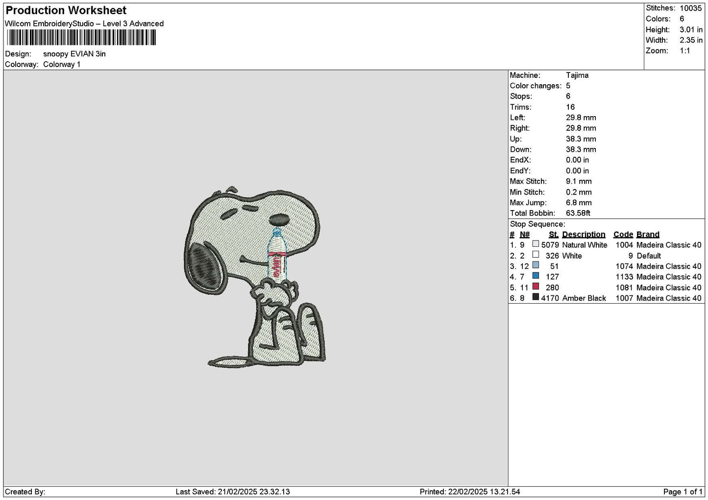 Snoopy Evian Embroidery File 6 sizes