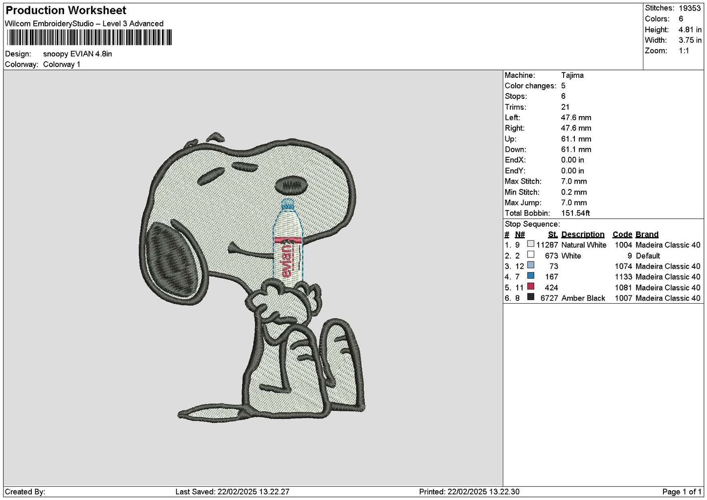 Snoopy Evian Embroidery File 6 sizes