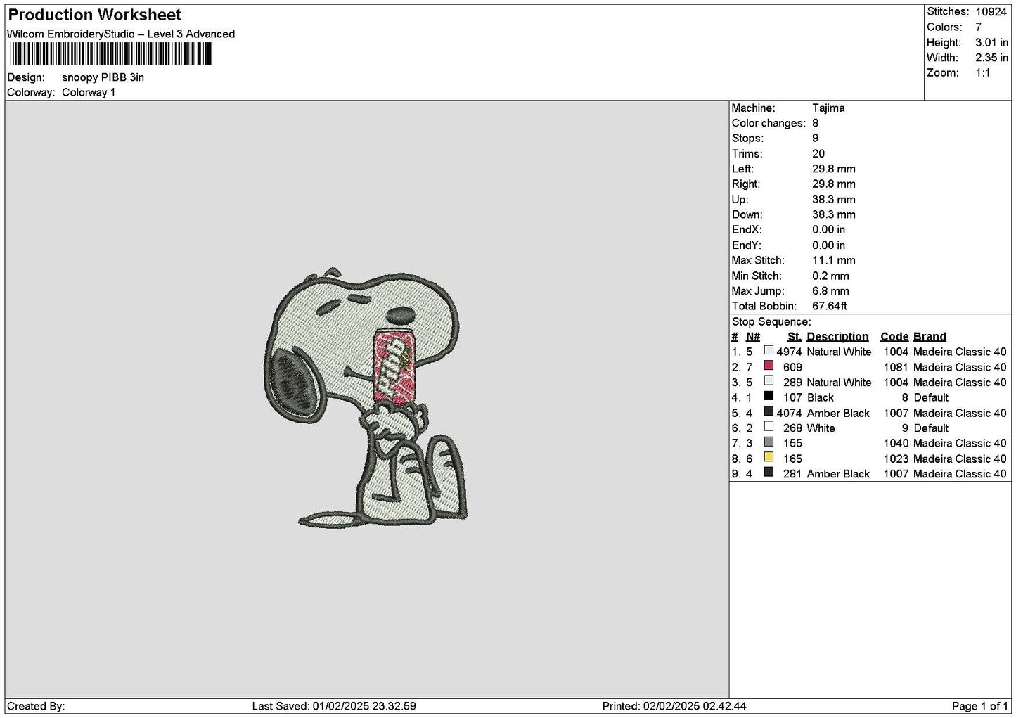 Snoopy Pibb Embroidery File 6 sizes