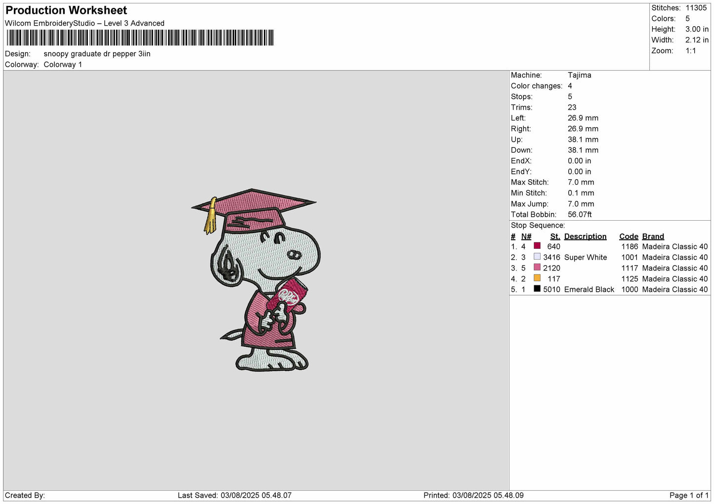 Snoopy Graduate Dr Pepper Embroidery File