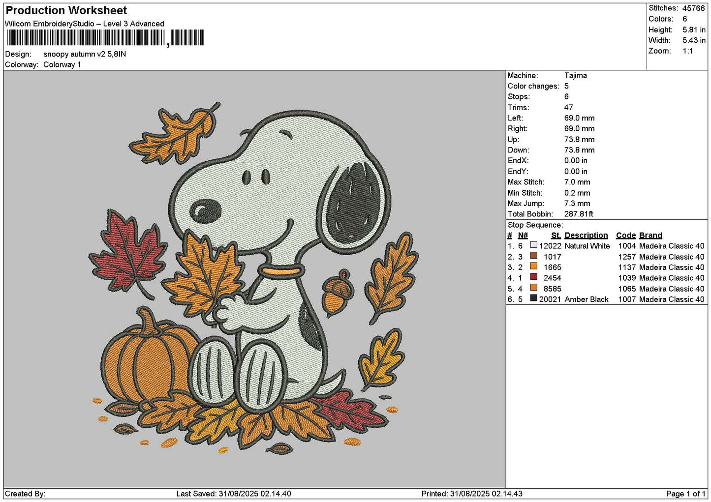 Snoopy3108 Embroidery File 6 sizes