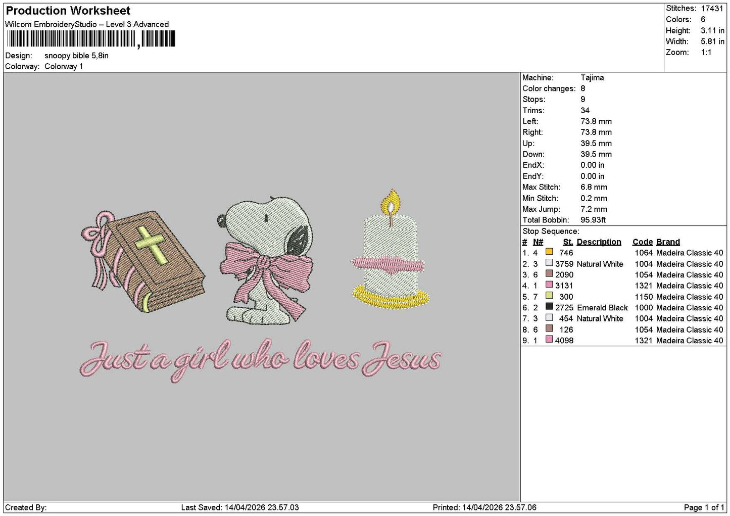 Snoopy 1404 Embroidery File 6 Sizes