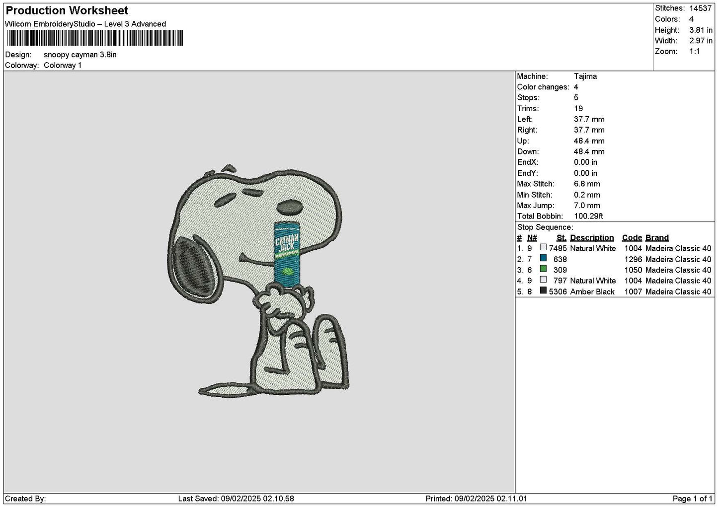 Snoopy Cayman Embroidery File 6 sizes