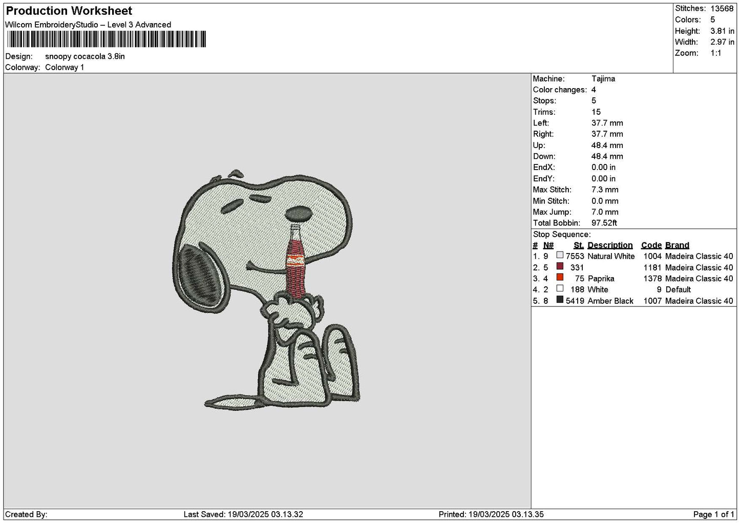 Snoopy Cola Bottle Embroidery File 6 sizes