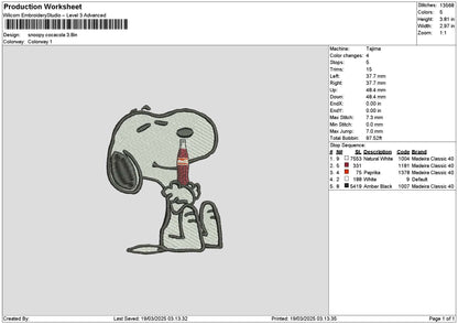 Snoopy Cola Bottle Embroidery File 6 sizes