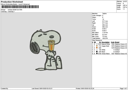 Snoopy Dunkin Embroidery File 6 sizes