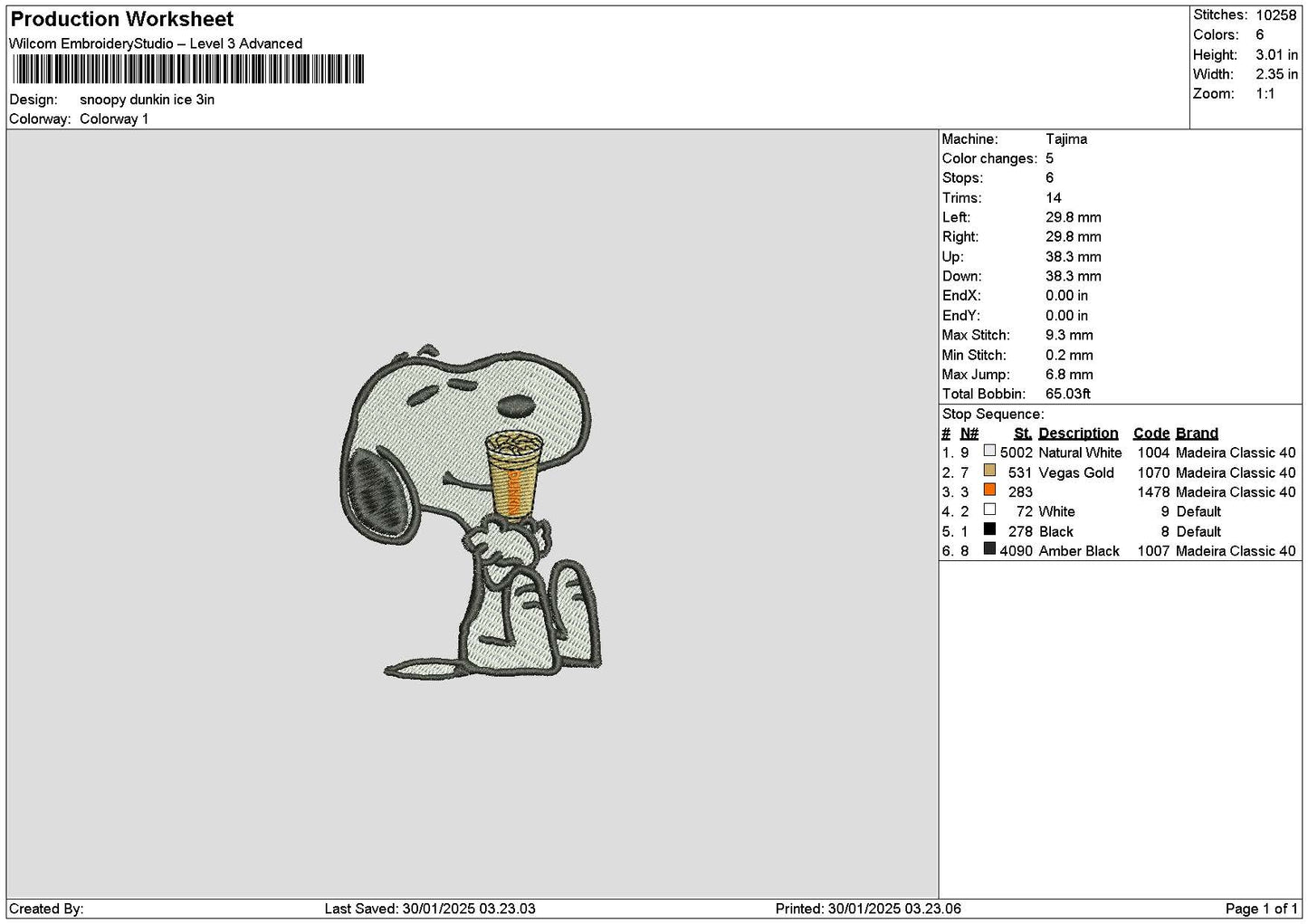Snoopy Dunkin Embroidery File 6 sizes