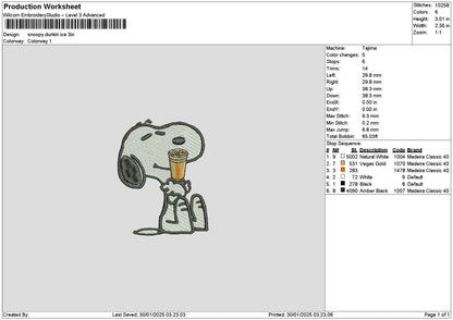 Snoopy Dunkin Embroidery File 6 sizes