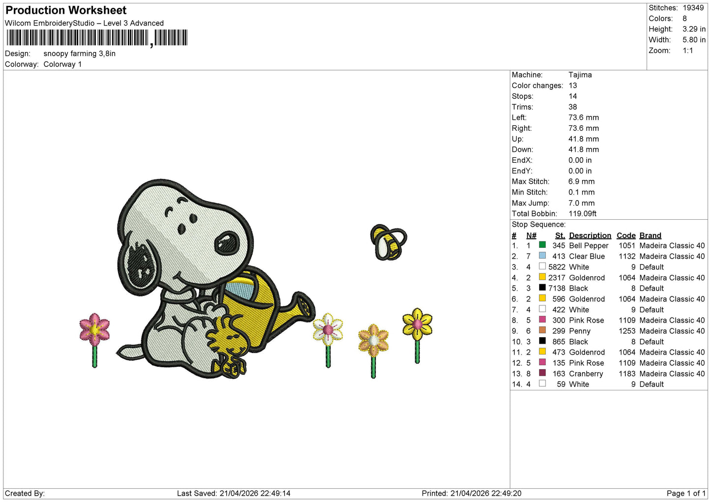 Snoopy Farming Embroidery File 6 size