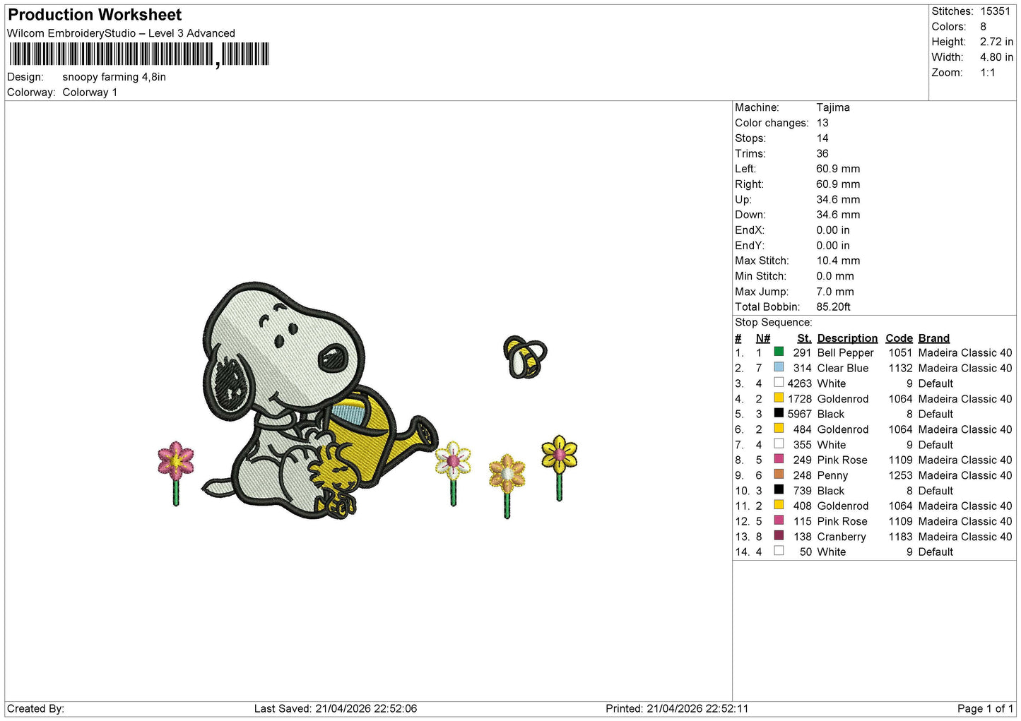 Snoopy Farming Embroidery File 6 size
