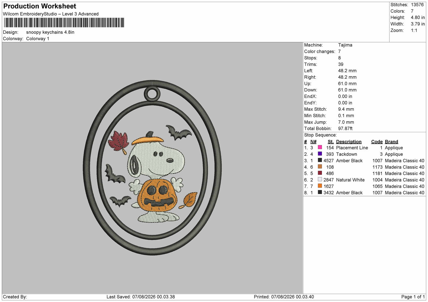 Snoopy Keychain Embroidery Machine Design File 6 sizes