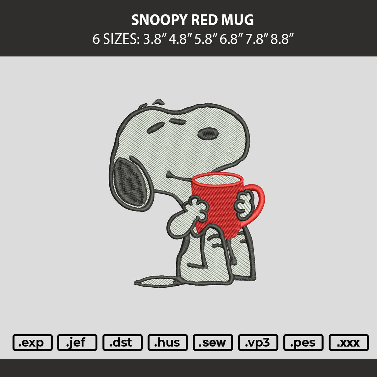 Snoopy Red Mug Embroidery Machine Design File 6 sizes